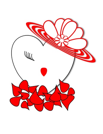 Face of a girl on a heart wearing a red hat on a bed of red rose petals の写真素材