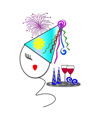 Face of a girl on a balloon wearing a party hat next to a tray of two wine glasses and two noise makers with fireworks in the background の写真素材