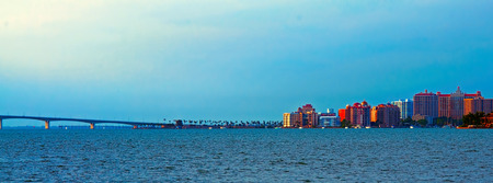 A panorama of Sarasota Florida and the Ringling Causeway in the eveningの写真素材
