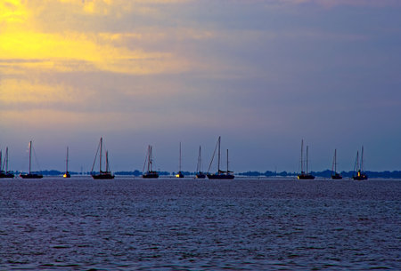 A photograph of sailboats anchored in the bay for the evening