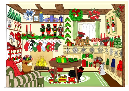 An illustration of a village store selling Christmas and holiday itemsの写真素材