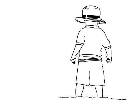 A line drawing of a small boy standing on the beach wearing his grandpaâ??s hatの写真素材