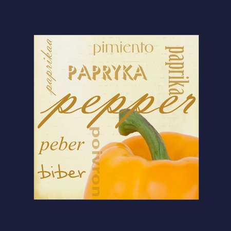 A photograph of a yellow pepper framed in dark blue surrounded by the word pepper in several...