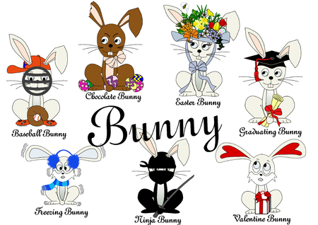 An illustration of a bunny in several different roles:  Baseball Bunny, Chocolate Bunny, Easter Bunny, Graduating Bunny, Freezing Bunny, Ninja Bunny, and Valentine Bunnyの写真素材
