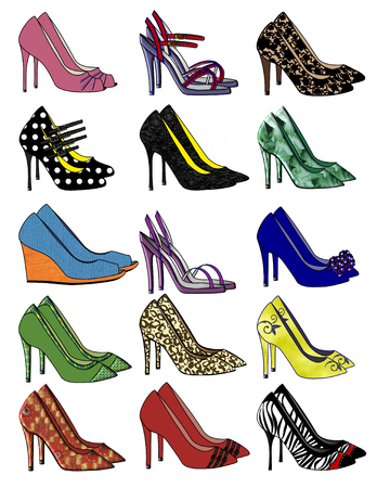 An illustration of an assortment of fifteen women's high heeled shoesの写真素材