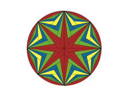 A graphic illustration of mulitple eight pointed stars in various colors inside a circleの写真素材