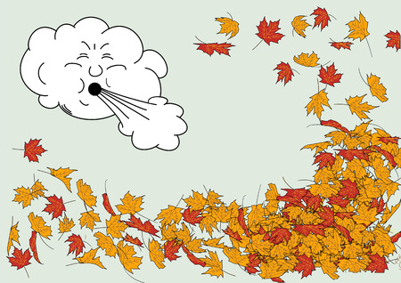 An illustration of an angry windy cloud blowing fallen autumn leaves aroundの写真素材