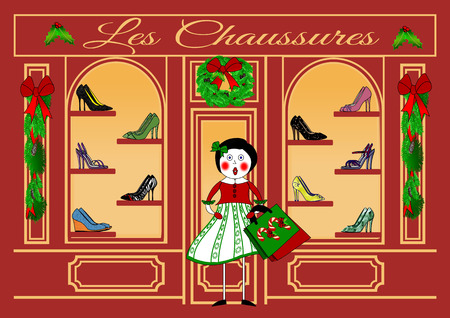 Illustration of a French Boutique storefront specializing in shoes that are displayed in the windows decorated for Christmas with a Victorian girl carrying shopping bagsの写真素材