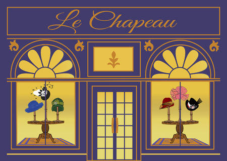 Illustration of a French Boutique storefront specializing in hats that are displayed in the windowsの写真素材