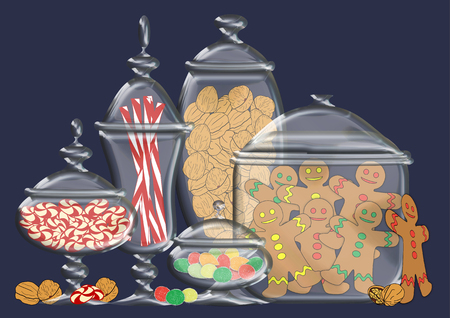 Illustration of glass jars filled with Christmas holiday treats such as gingerbread men, walnuts, gumdrops, peppermint sticks, and peppermintsの写真素材