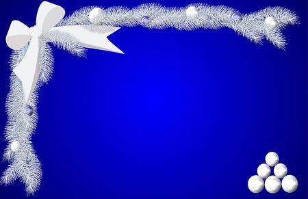 A border sheet including a white bow, white pine boughs, and white balls on a blue backgroundの写真素材