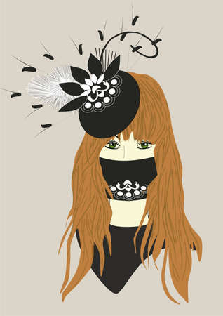 An illustration of a woman wearing a fascinator hat and a matching Coronavirus maskの写真素材
