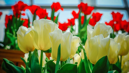 Yellow tulips with red tulip in backgroundの写真素材