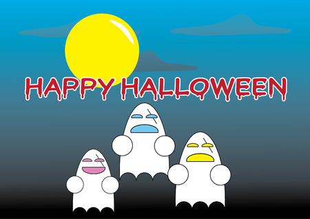 Happy Halloween Words with cartoon ghosts on a blue night and the moon.のイラスト素材