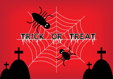Halloween Theme: trick or treat words with spider climbing on the spiderweb and having the graveyard on the red background.のイラスト素材