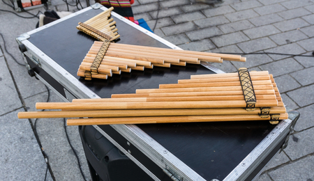 Pan flutes, zampona, siku. Musical wind instruments. Folk music.の写真素材