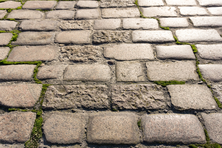 Sidewalk covered with old paving stones with moss in cracksの写真素材