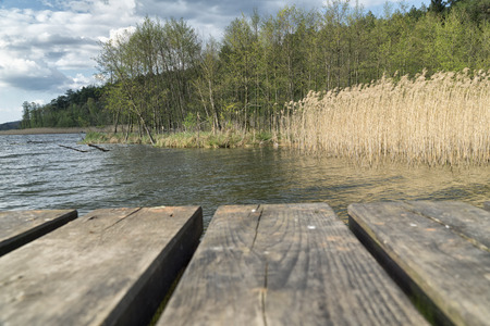 Wooden platform on the lake overlooking the shore of the lake on a cloudy day. Real photo. Selective focus.の写真素材