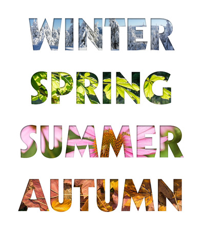 Captions winter, spring, summer, autumn from four seasons photos for calendar, flyer, poster, postcard. Four seasons colors.の写真素材