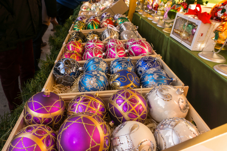 Christmas ornaments. Christmas market store - Christmas decorations in wooden boxes.の写真素材