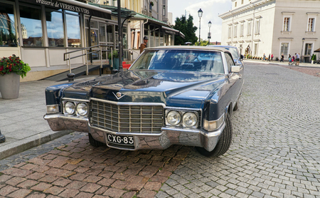 VILNIUS, LITHUANIA, July 22, 2016: Cadillac, old, classic car, oldtimer, front view. Blue, cabriolet.のeditorial素材