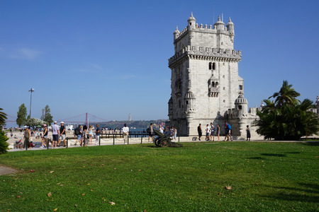 LISBON, PORTUGAL - August 30, 2018: BelÃ©m / Belem Tower with 25 April bridge and Jesus Christ  Monument in the background. UNESCO World Heritage Site.のeditorial素材