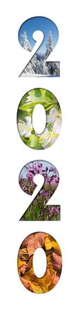 Number 2020 from four seasons photos for calendar, flyer, poster, postcard, banner. Vertical image.の写真素材