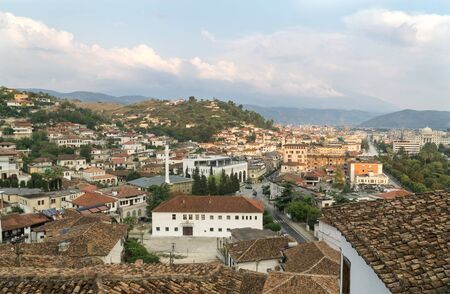 BERAT, ALBANIA, September 08, 2019: view from the old town Mangalem on the castle hill.のeditorial素材
