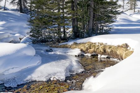 Winter mountain landscape with a stream in the Schonfeld area, Salzburger Lungau, Austria, Europe. Winter background.の写真素材