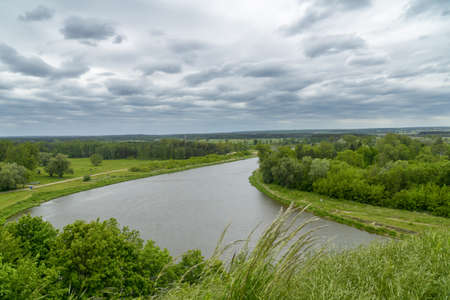View over Bug River from castle hill in Drohiczyn, Poland, Europeのeditorial素材