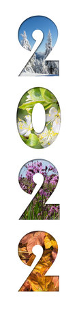 Number 2022 from four seasons photos for calendar, flyer, poster, postcard, banner. Vertical image.の写真素材