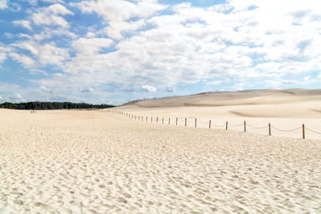 Lacka dune in Slowinski National Park in Poland, a miracle of nature. Traveling dune in sunny summer day. Sandy beach and blue sky with white clouds.の写真素材