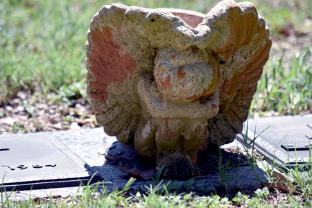 Sitting cemetery stone angel hiding face, mixed color.の写真素材