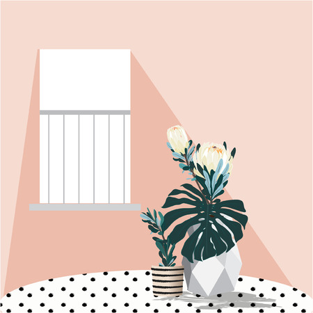 A glass jar with water and flowers branch on a ceramic against the background of a window with access to a balconyのイラスト素材