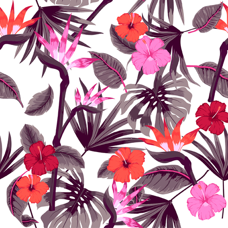 vector seamless beautiful artistic bright tropical pattern with exotic forest. Colorful original stylish floral background print, bright rainbow colors on whiteのイラスト素材