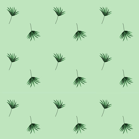 Seamless pattern of small palm leaves on green mint  background in the style of polka dot.のイラスト素材
