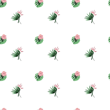 Seamless pattern of small flowers and palm leaves on white  background in the style of polka dotのイラスト素材