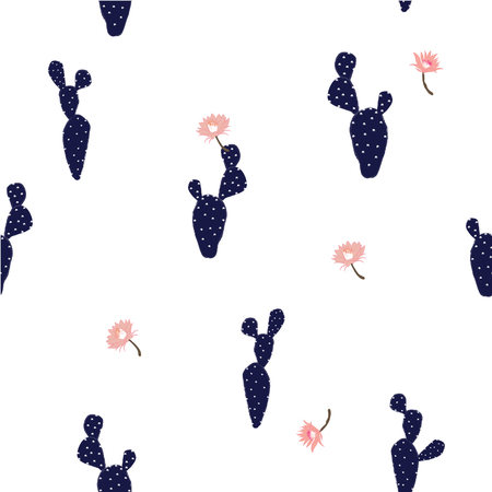A navy blue Hand drawn cactus tropical garden seamless pattern in white background.のイラスト素材