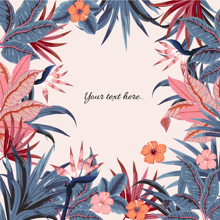 Set of  vector  beautiful artistic bright tropical with exotic forest. Colorful original stylish floral background print, bright rainbow colors on pink.のイラスト素材