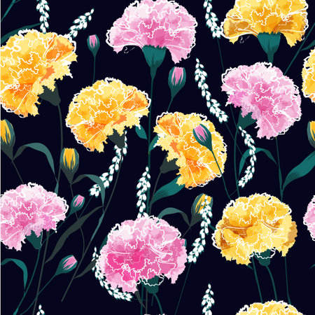 Trendy  Floral pattern in carnations flowers. dark botanical  Motifs scattered random. Seamless vector texture. Printing with in hand drawn style, navy blue  background.のイラスト素材