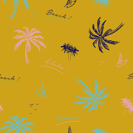 Beautiful seamless island pattern on yellow  background. Landscape with colorful palm trees,beach and ocean vector hand drawn style.のイラスト素材