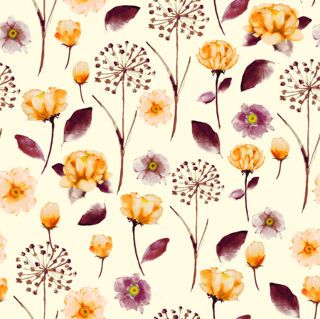 Seamless Bright vintage Watercolor floral pattern, delicate flower wallpaper, wild flowers pink,tansy, pansies. .  wallpaper on beige backgroundの写真素材