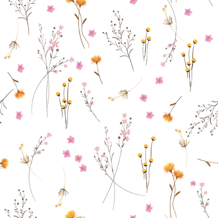 Summmer Trendy  white blowing  Floral pattern in the many kind of flowers. Wild botanical  Motifs scattered random. Seamless vector texture. For fashion prints. Printing with in hand drawn style on white background.のイラスト素材