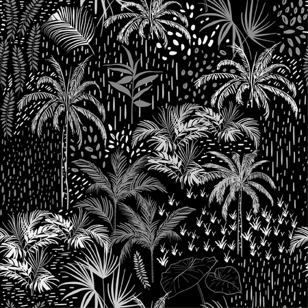 Dark Monotone vector tropical seamless pattern on black and white with palm tree, leaves ,plants ,exotic trees ,in the forest.のイラスト素材