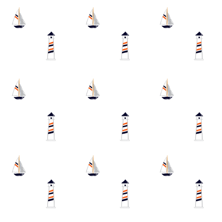 Summer Maritime mood, Seamless nautical pattern with ships and lighthouse on white background.のイラスト素材