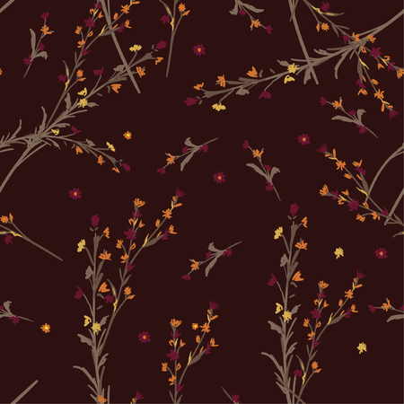 Botanical Floral Decoration Seamless Pattern wind blow flowers,  Isolated on maroon color.  Texture. Vintage Style Design for Fabric Print, Wallpaper Background. のイラスト素材