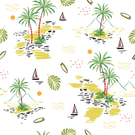 Beautiful seamless island pattern on white background. Landscape with palm trees,beach and ocean vector hand drawn style.のイラスト素材