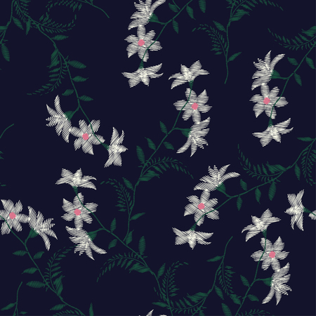 Embroidery flowers, spring seamless pattern. Classical forest embroidery autumn leaves, spring flowers, seamless pattern. Fashionable template for design of clothes, t-shirt design on navy blue のイラスト素材