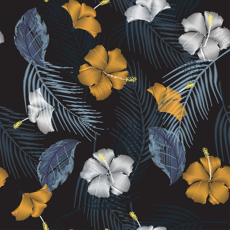 Seamless dark tropical  seamless pattern of hibiscus flower on a black  background. Imitation embroidery.のイラスト素材