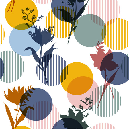 Vector botanic silhouette floral seamless pattern on modern colorful stripe polka dot, delicate flower wallpaper, wild flowers  wallpaper on white  backgroundのイラスト素材